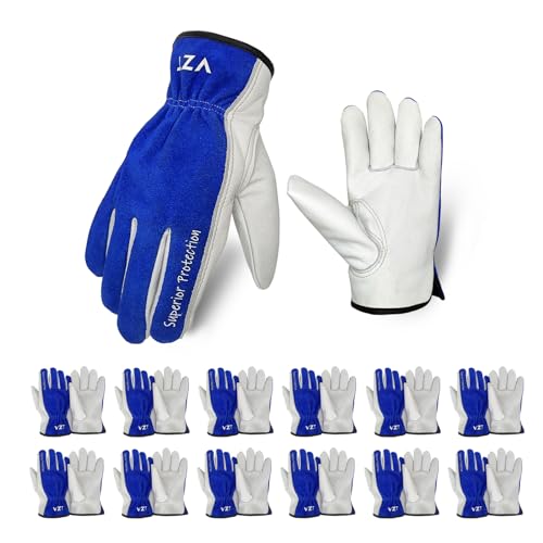VZT 12 Pairs Bulk Leather Work Gloves for Men or Women for Construction, Wood cutting, Driving, Gardening, Automotive Repair, Water Resistant, Soft, Cowhide, Class 4 Abrasion Resistant, Blue-White, L