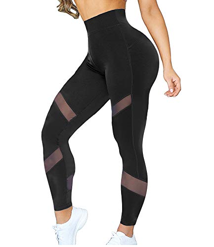 Kiwi-Rata Women Sports Mesh Trouser Gym Workout Fitness Capris Yoga Pant Legging, Black, L