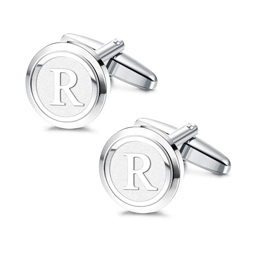LOYALLOOK Initial Silver Cufflinks for Men Silver Cuff Links Personalized Copper CuffLinks Letter Cufflinks Gift for Groom Husband Father Initial R