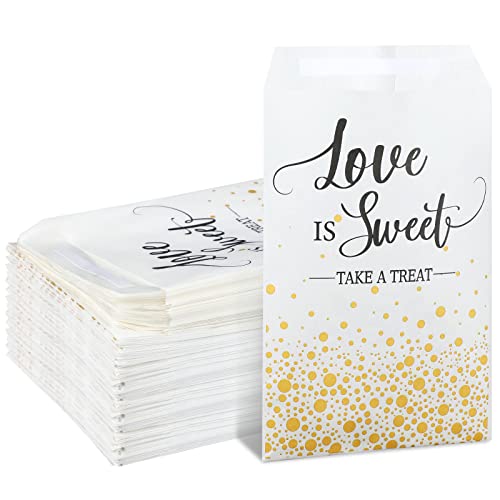 Woanger 300 Pcs Wedding Favor Candy Buffet Bags 5 x 7 Inch Self Adhesive Wedding Treat Bags Love Is Sweet Take a Treat Cookie Gold Dots Kraft Paper Wrap Gift for birthday Bridal baby Shower Party