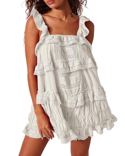 Gacaky Women's Summer Casual Sleeveless Rompers Ruffle Flowy Boho Sun Dress Loose Mini Dress with Built-in Shorts White S