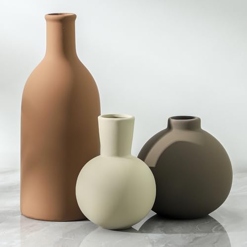 Vase Set of 3 | Ceramic Neutral Vases Home Decor | Rustic Flower Pottery Vases Modern Farmhouse Vase for Table Entryway Mantel Centerpiece Bookshelf Living Room Bathroom Bedroom -Brown Large