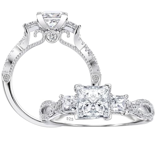 SHELOVES Vintage Three Stone Princess Cut AAAAA CZ Wedding Engagement Rings For Women 925 Sterling Silver 7