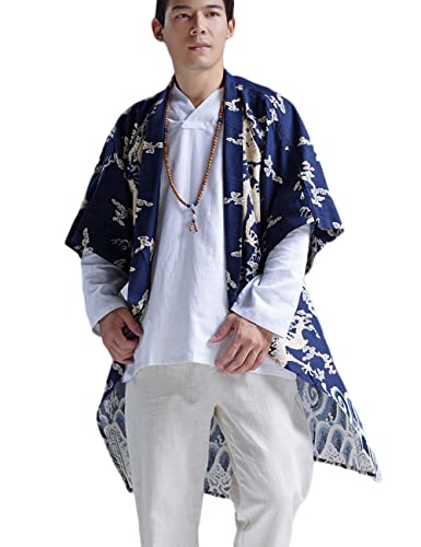 Ystylee Men's Kimono Robe Dragon Vintage Printed Lightweight Cotton Linen Japanese Haori Samurai Robe with Belt (as1, alpha, x_l, regular, regular, Blue)