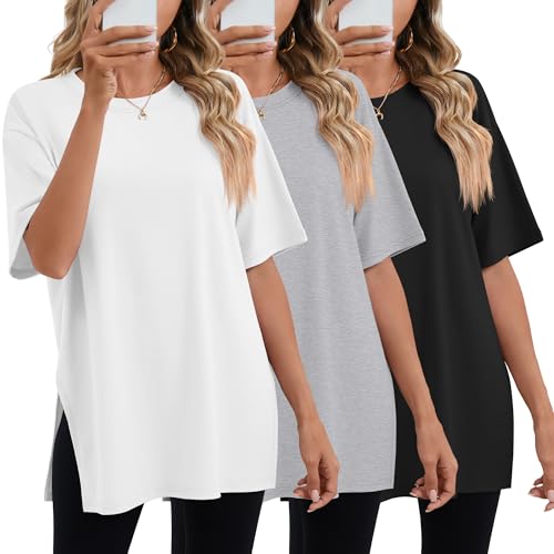 Huukeay 3 Pack Women's Oversized Gym T Shirts Cotton Short Sleeve Side Split Crewneck Tops Casual Workout Baggy Basic Tee(Black, White, Gray,M)