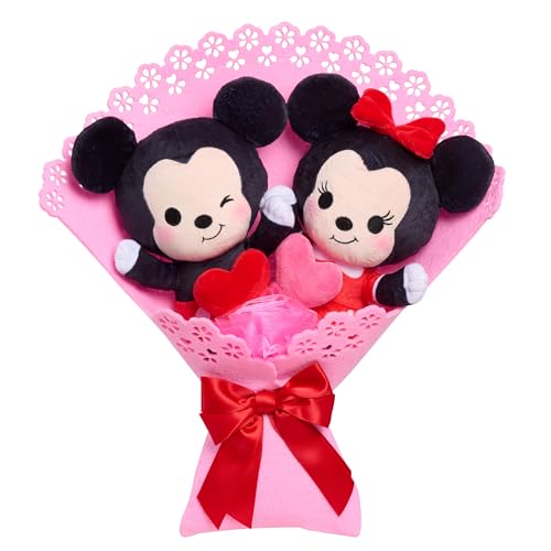 Just Play Disney Valentine’s 13.5-inch Bouquet with Medium Mickey Mouse and Minnie Mouse Plush Stuffed Animals, 3 Collectible Plush Hearts, Kids Toys for Ages 3 Up