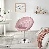 Yaheetech Living Room Vanity Chair Makeup Velvet Round Tufted Back Swivel Accent with Chrome Frame Height Adjustable for Room, Bedroom, Pink