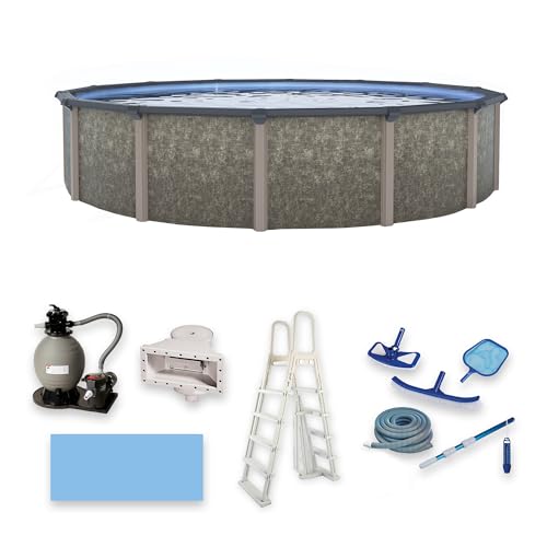 Blue Wave Riviera 18-ft Round 54-in Deep Above Ground Swimming Pool – with Steel Wall, Top Rails, Sand Filter, Overlap Liner, A-Frame Ladder & Maintenance Kit – Complete Outdoor Pool Accessories
