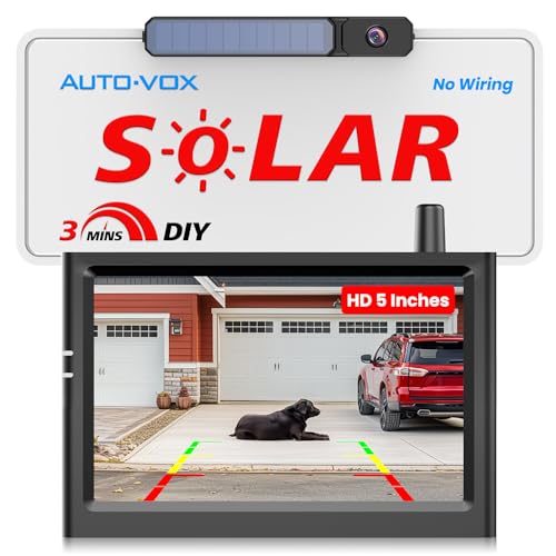 AUTO-VOX Solar Wireless Backup Camera with 5" HD Monitor: 3 Mins DIY Installation & Battery Powered Back Up Camera Systems, IP69K Waterproof Reverse Camera for Car, Van, SUV, Truck, Trailer