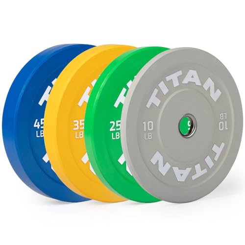 Titan Fitness 230 LB Set Economy Olympic Bumper Plates, Color-Coded by IWF Standards, Low Bounce Rubber with Steel Insert, Weightlifting and Strength Training, Barbell Weight Set