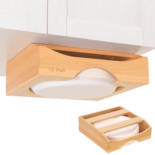 CKIU 10-inch Paper Plate Dispenser Under Cabinet, Bamboo Paper Plate Holders, Kitchen Counter Vertical Plate Dispensers Holders Countertop Caddy(For 10-inch Plates, Bamboo)