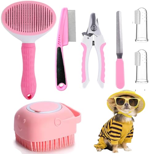 Qubccum 7 Pcs Cat Dog Brush Grooming Kits, Self-Cleaning Slicker Brush, Pet Nail Clipper and File, Flea Comb, Pet Shampoo Bath Brush, Pet Finger Toothbrush, Storage Bag (Pink)