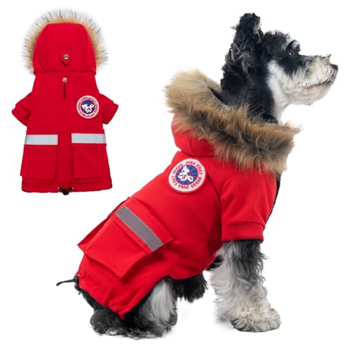 PINA Dog Coats - Waterproof Winter Jacket with Flannel Lining, Faux Fur Hood & Pocket for Small Dogs