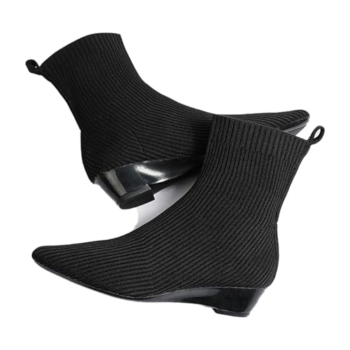 Women's Knitted Elastic Chunky Low Heel Chelsea Boot Slip On Dress Sock Booties Pointed Toe Stacked Block Heel High Top Ankle Boots (Black,7,7)