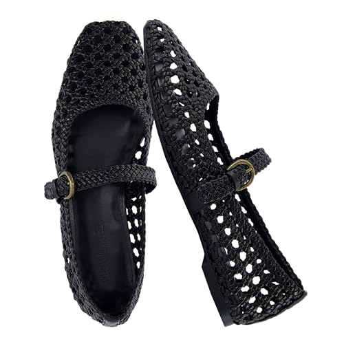 CUSHIONAIRE Weston Women’s Hand Woven Dressy Ballet Flats – Faux Leather Mary Jane with Adjustable Strap & Memory Foam, Black 8