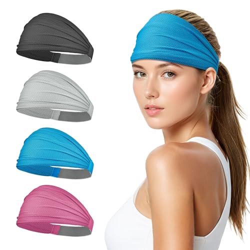Sukeen Wide Headbands for Women, Instant Cooling Elastic Non-Slip Workout Headbands, Moisture-Wicking Sports Sweatbands for Gym, Yoga, Running, Fitness, 4 Pack, Black/Gray/Blue/Rose Red