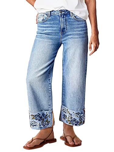 Flamingals High Waisted Straight Leg Cropped Jeans for Women Trendy Floral Embroidery Roll Raw Hem Casual Denim Ankle Pants Mid Blue XL