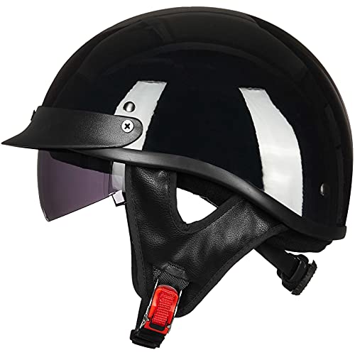 ILM Half Helmet Motorcycle Open Face Sun Visor Quick Release Buckle DOT Approved Cycling Motocross Suits Men Women Model-205V (L, Gloss Black)
