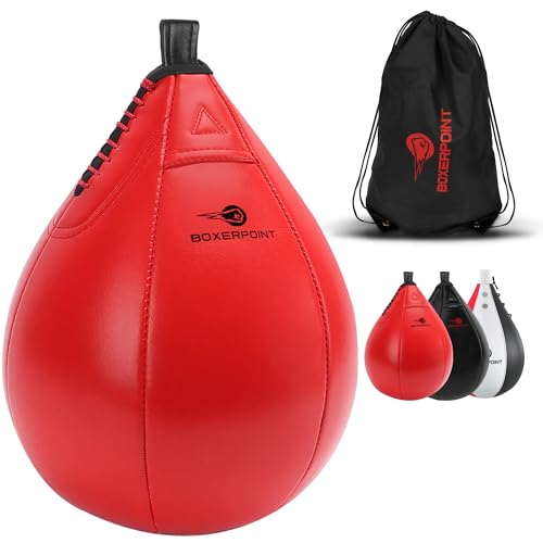 Boxerpoint Speed Bag for Boxing - Durable PU Leather Punching Sac for Adults - Anti-Leak Home Gym Equipment - Portable Heavy Unit & Large Reflex Ball for Indoor Outdoor (Red) - Punching Bag for Adults