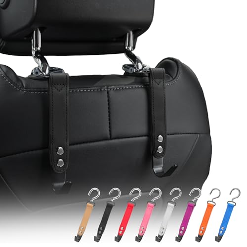 Compuda Car Hooks - 2 Pack Leather Headrest Hooks for Accessories, SUS304 Purse Hook (Black)