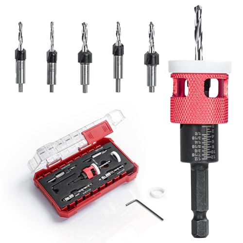 5 Pcs Countersink Drill Bit Set with Low Friction Depth Stop, HSS M2 Bits Tapered Head1/8 9/64" 5/32" Drill+3/8” 82° Counter-Bore,11/64" 3/16" Drill+ 1/2" 82° Counter Bore,1/4” Hex Shank(Red)