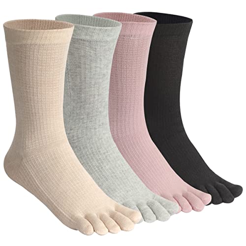 HABITER Women's Toe Socks Cotton Crew Athletic Running Five Finger Socks (Black&Beige&Pink&Grey)