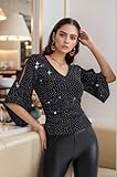 PEIQI Rhinestone Tops for Women Party 3/4 Sleeve V Neck Sparkly Tops Dressy Glitter Top Blouses for Evening Party Balck Large Black