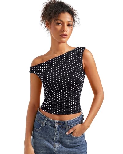 SUUKSESS Women Off Shoulder Tops Sleeveless Shirts Y2K Trendy Going Out Crop Tank Top (Black Polka Dots,S)