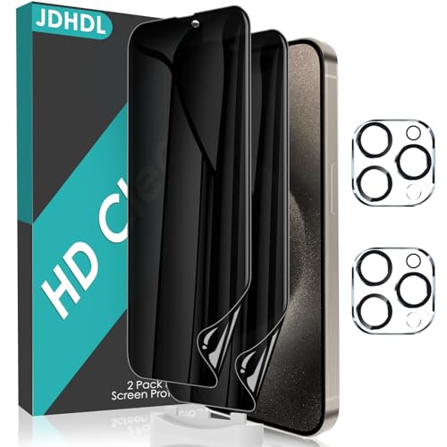 JDHDL [2+2] for iPhone 15 Pro Max Privacy Screen Protector (NOT Glass) with Tempered Glass Camera Lens Protector, Anti-Spy Non-breakable Soft TPU Hydrogel Film Screen Protector for iPhone 15 Pro Max