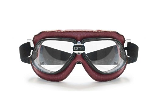 Bertoni Motorcycle Vintage Aviator Goggles in Red Leather w Mat Black Frame w Black Strap AF196R RED by Bertoni Italy Motorbike Riding Glasses