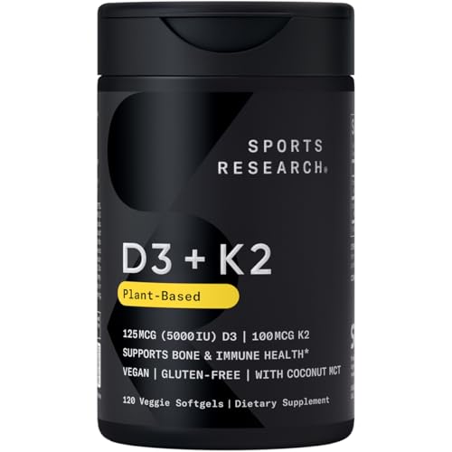 Sports Research® Vitamin D3 + K2 with Coconut MCT Oil | Vegan D3 5000 IU with K2 100 mcg for Bone & Immune Health | Vegan Certified, Soy & Gluten Free - 120 Softgels