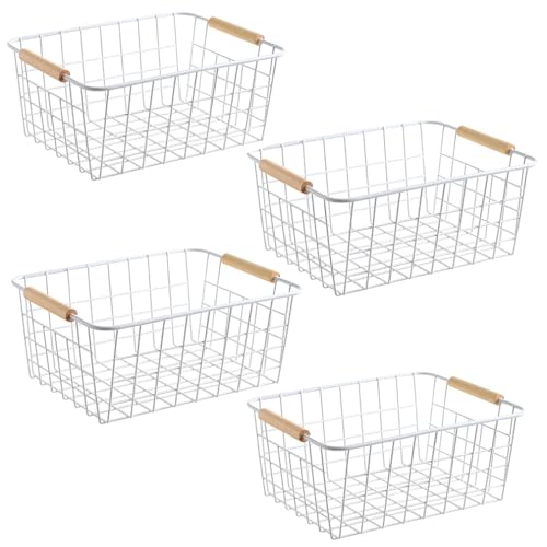 LeleCAT White Wire Baskets with Handles Wire Storage Organizer Baskets For Kitchen, Household Refrigerator for Cabinets, Pantry, Closets, Bedrooms - Set of 4(White)