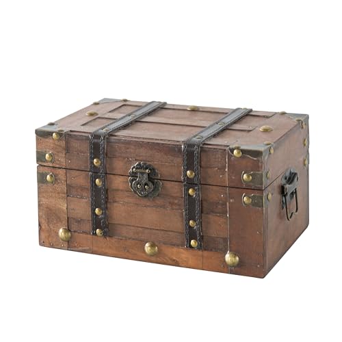 SLPR Alexander Small Wooden Treasure Chest - 11" x 7" x 5.5", Wood Storage Box with Hinged Lid, Decorative Trunk for Keepsakes, Vintage Pirate Chest for Classroom