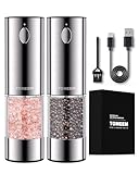 Upgraded Larger Capacity Electric Salt and Pepper Grinder Set Rechargeable with LED lights, Stainless Steel Automatic Pepper and Salt Grinder Refillable with 5 Adjustable Coarseness