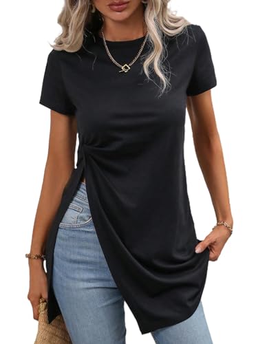 Remidoo Women's Split Hem T Shirt Round Neck Short Sleeve Twist Front Top Black Medium