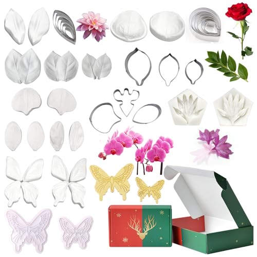 AK ART KITCHENWARE Silicone Veiner Stainless Steel Fondant Cutter Set for Gum Paste Flower Leaf Sugar Craft Tools Cake Decorating Supplies Silicone Veining Molds Moulds for Wedding with Christmas Box