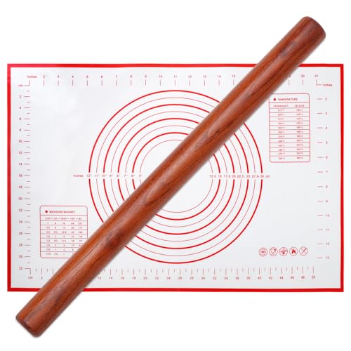 Wood French Rolling Pin for Baking - 16Inch Wooden Rolling Pins for Dough with Silicone Baking Mat Set, Rosewood French Dough Roller for Baking Fondant Pizza Pie Crust Pastries Pasta Cookie Bread Cake