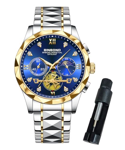 BINBOND Watches for Men Stainless Steel Luxury Dress Business Diamond Roman Numeral Big Face Dial Multifunction Chronograph Mens Wrist Watch Waterproof Luminous