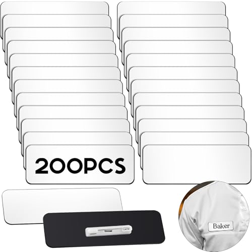 Breling 200 Pcs Name Tags with Pin 1 X 3 Blank Name Tags Badges DIY ID Badge Engraved Label Pin for Office School Retail Stores Employee Students Workers(White)