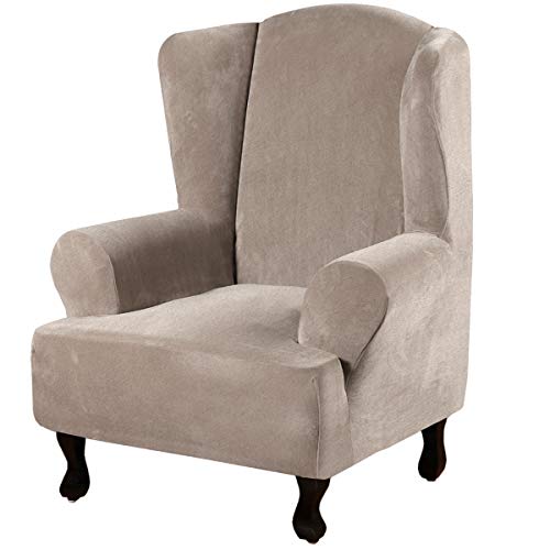 H.VERSAILTEX Wingback Chair Covers Velvet Plush Wing Chair Slipcover 1 Piece High Stretch Wing Back Chair Slipcovers Sofa Cover Furniture Cover with Elastic Bottom, Taupe