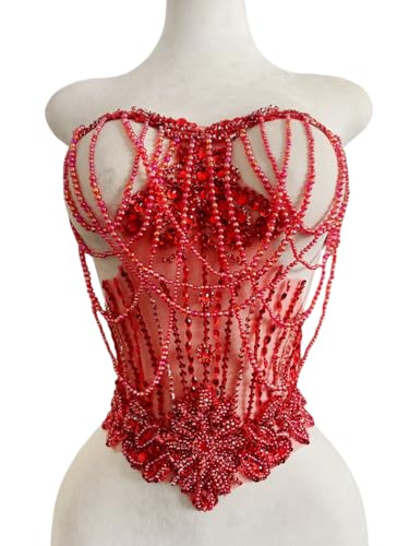 MOPISVN Pure Handmade Rhinestone Fringe Patch Trim Crystal Beaded Applique for Sewing Crafts Wedding Party Decoration Bridal Dress Accessories 15.7X18inches (Red)