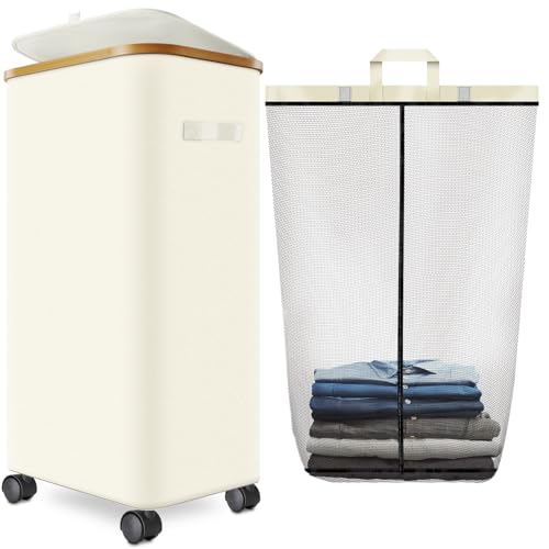 Laundry Hamper with Wheels,29 Gal (110L) Laundry Basket with lid Rolling Clothes Hamper Foldable Dirty Clothes Basket on wheels with Bamboo Frame and Bag for Bedroom, Dorm, Laundry Room-White
