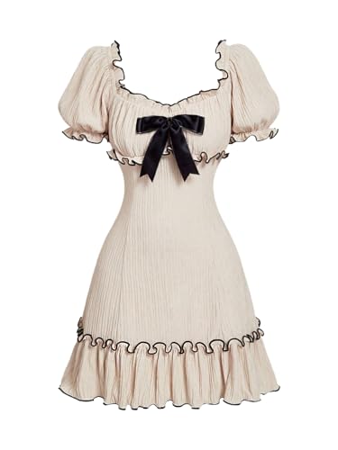 SweatyRocks Women's Bow Ruffle Dress Puff Short Sleeve Textured A Line Summer Dresses Apricot Small