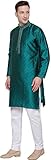 Poly Silk Men's Kurta Pajama India Clothing Wedding Party Wear (Green, L)