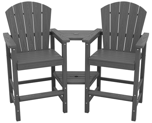 SERWALL Tall Adirondack Chairs Set of 2 with Double Layer Connecting Tray, HDPE Bar Height Outdoor Chairs, Wood-Like Adirondack Bar Stools for Patio, Balcony, Porch, Grey