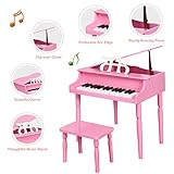 Costzon Classical Kids Piano, 30 Keys Wood Toy Grand Piano with Music Stand and Bench, Mini Musical Toy for Child, Ideal for Children's Room, Toy Room, Best Gifts (Straight Leg, Pink)