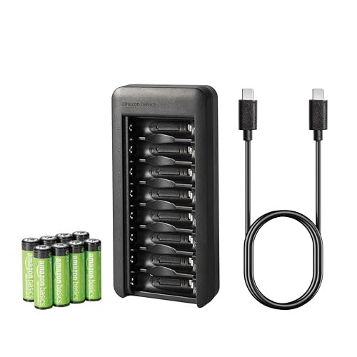 Amazon Basics Rechargeable AA NiMh Batteries with 8-Bay Battery Charger, USB-C Port, No AC Power Adapter, 8 Count (Pack of 1), Black