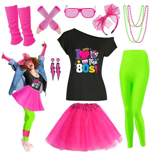 Xintorch 80s Outfit Women Costume Accessories Set T Shirt Leggings Tutu Skirt Neno Party Leg Warmers Headband