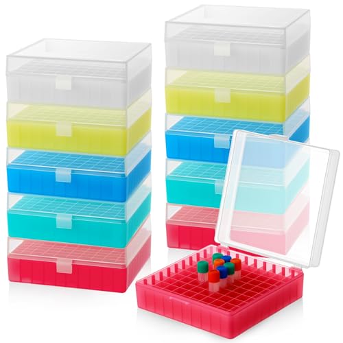 Kingdder 10 Pack 100 Well Centrifuge Tube Cryogenic Storage Box with Snap Clasp Polypropylene Freezer Box Microtube Holder Rack with Lid Fit 0.5/1.5/2.0 ml Microcentrifuge Tubes Vials(Assorted Color)