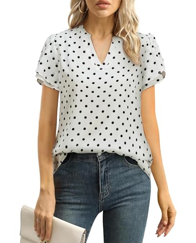 Uhiger Business Casual Tops for Women, Ladies Short Sleeve Tops Cute Chiffon Blouses for Women Dressy Casual Notch V Neck Shirts Trendy Summer Fashion Flattering Teacher Clothes White Black Dot L